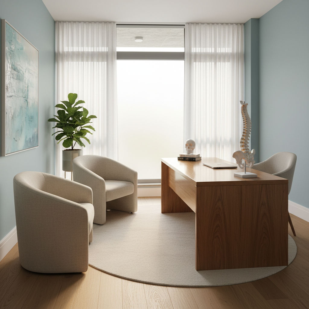 Sunlit consultation room with two chairs angled toward each other beside a window with diffused natural light and an anatomical model on the desk