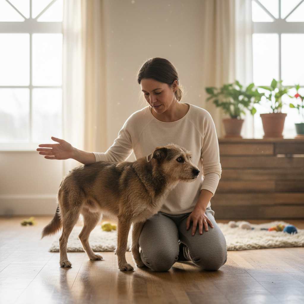 Simone Delacroix, female trainer in a calm interior setting, a nervous rescue dog leaning gently against her leg while she reads its body language