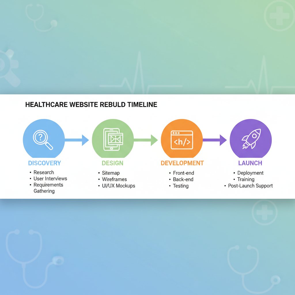 Healthcare website rebuild project timeline showing phases from discovery through design, development, and launch