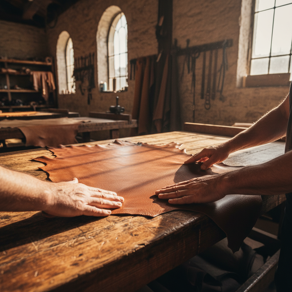 Leather craftsman inspecting a finished brown leather bag in natural window light, quality control