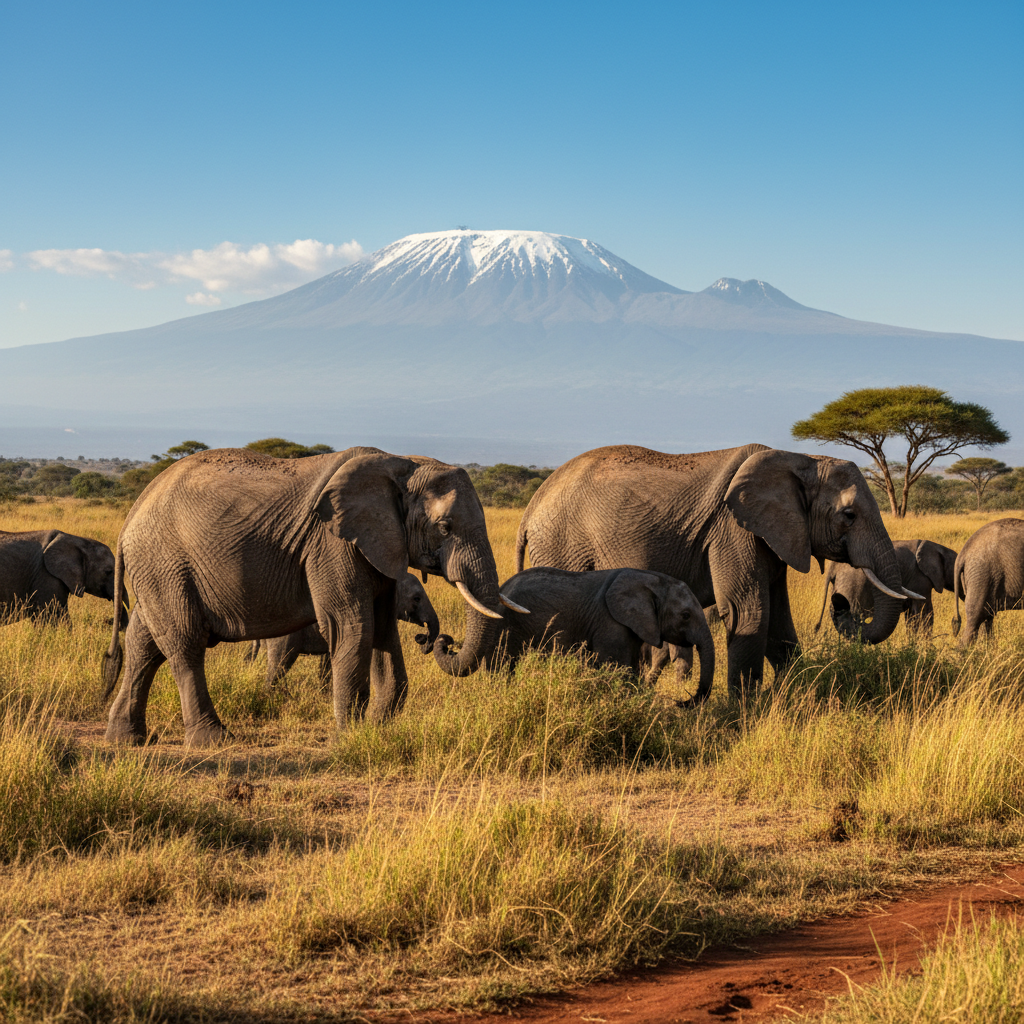 Elephants in Amboseli with Mount Kilimanjaro backdrop, Kenya wildlife