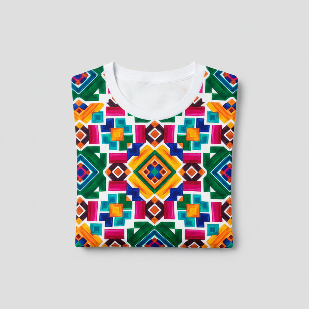 Colorful ankara print shirt folded neatly on dark surface