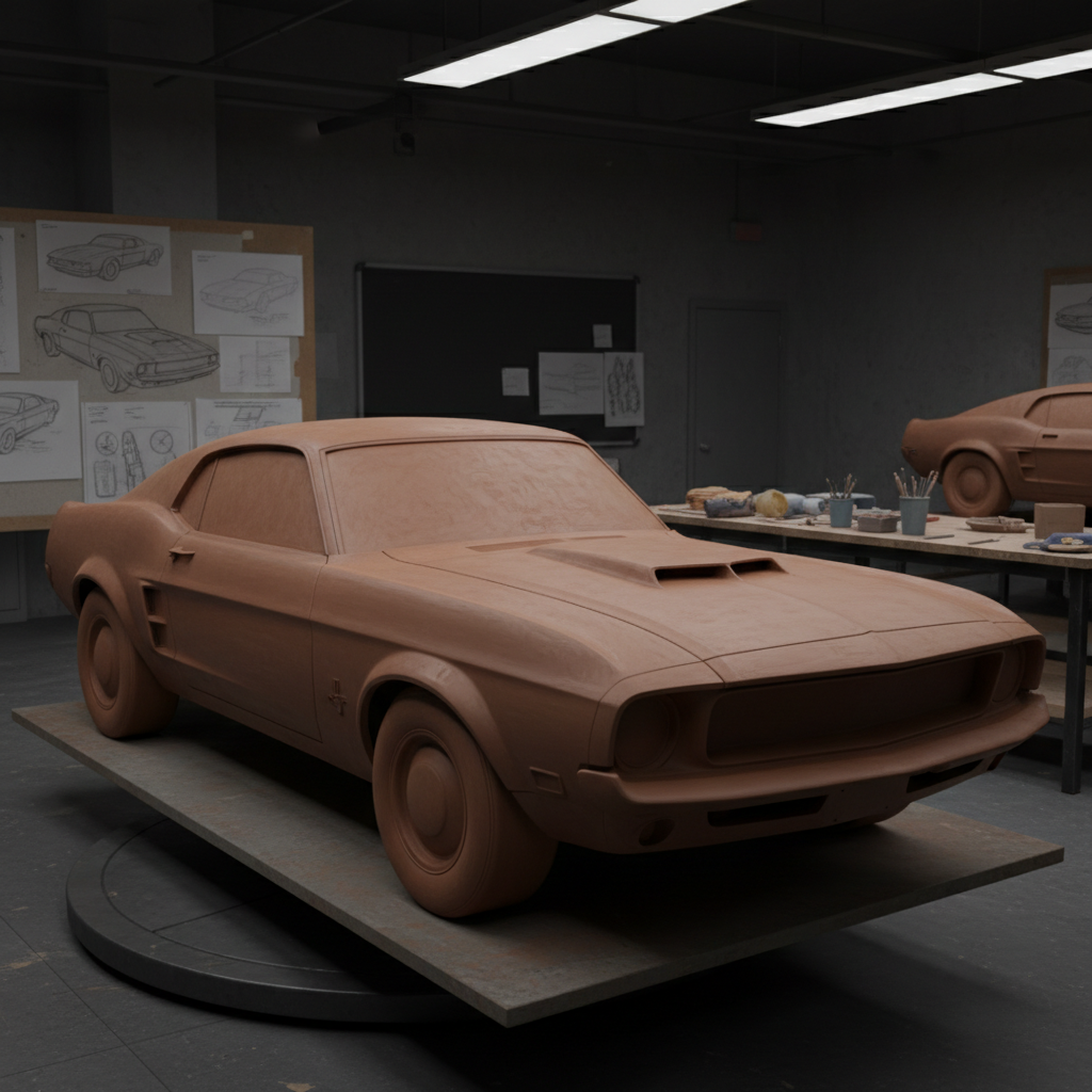 Ford Mustang muscle car from the side showing classic American muscle car design and proportions