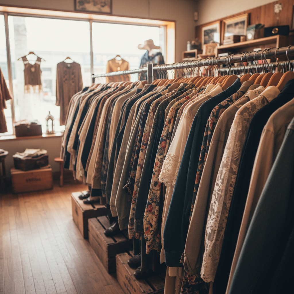 Rows of vintage clothing hanging on a thrift store rack