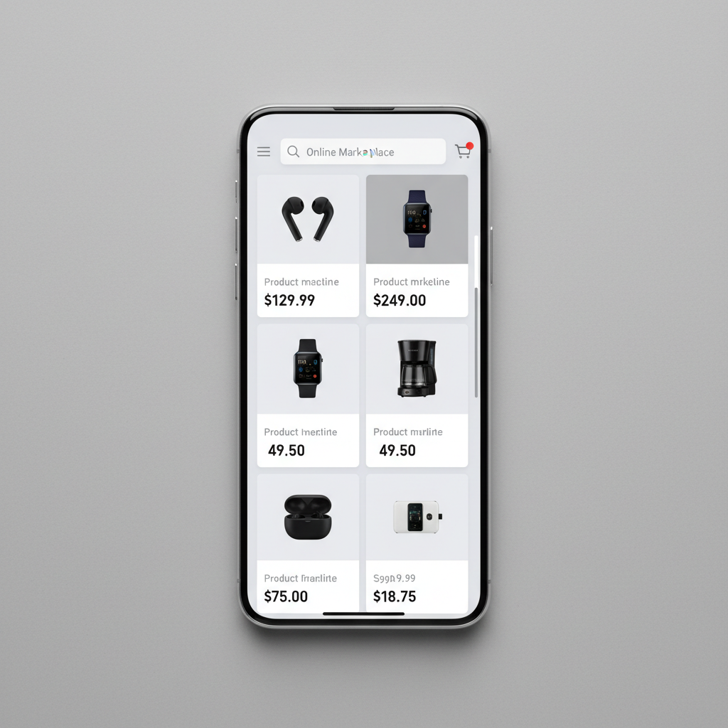 Phone screen showing online marketplace listings with price tags visible