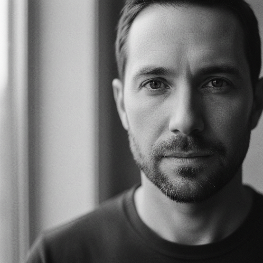 Marcus Webb, co-founder of Threadwork Surgical, direct gaze, shoulders cropped, black and white editorial portrait