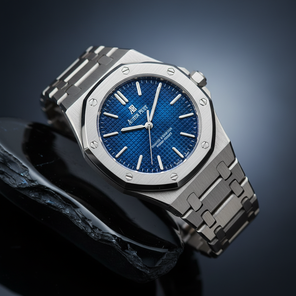 Audemars Piguet Royal Oak luxury watch with blue dial and integrated steel bracelet on dark surface