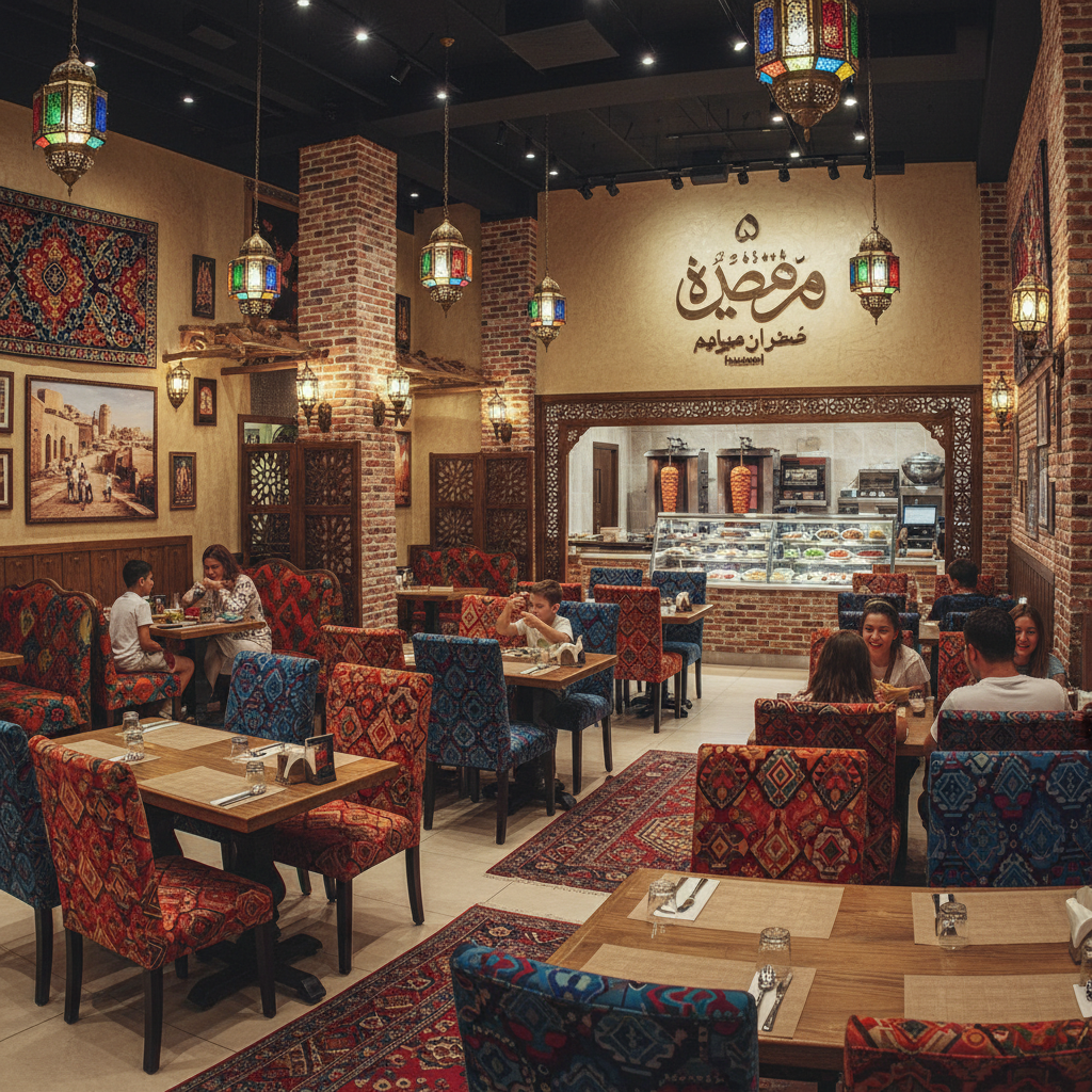 Warm amber-lit Libyan restaurant dining room with terracotta walls, clay pots, and a family being seated by candlelight