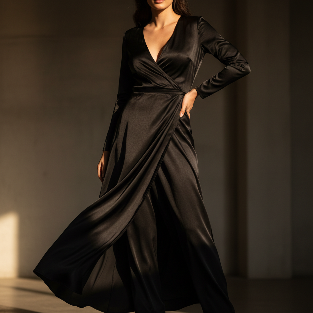Silk wrap dress on model, bright studio, white background