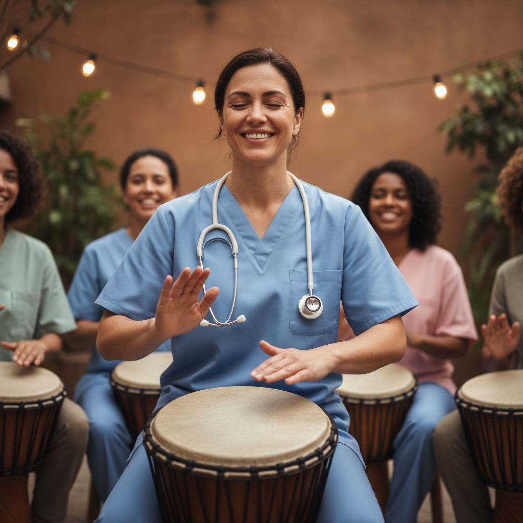 Diane, a nurse, smiling with eyes closed during a drum circle session