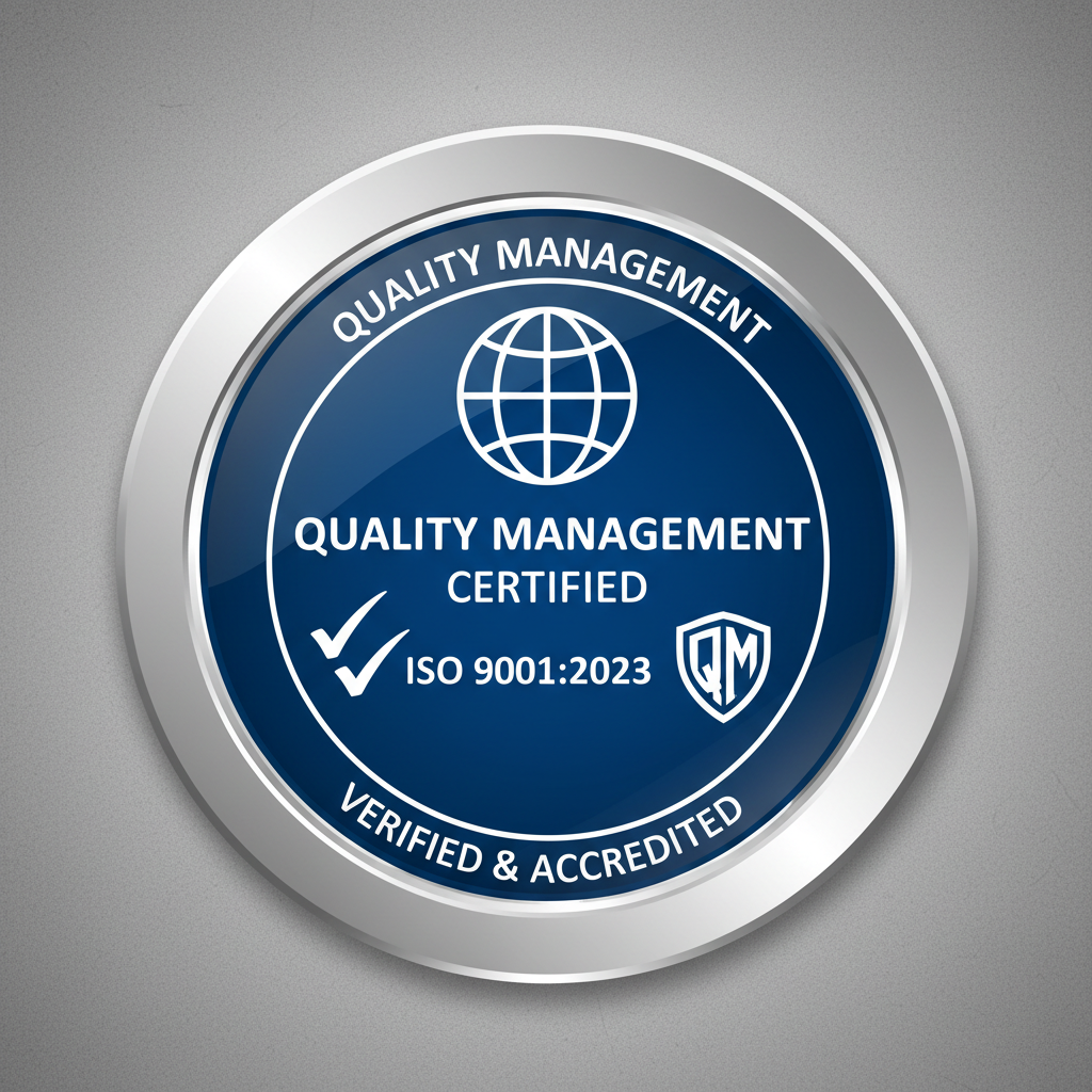 Quality management certification badge with ISO logo and verification marks