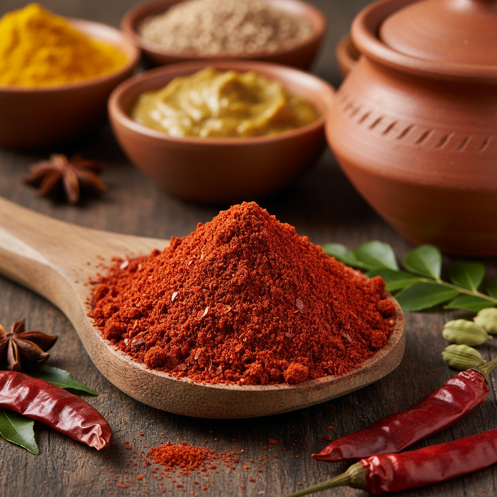 Bright red chili powder in a wooden spoon on a rustic table