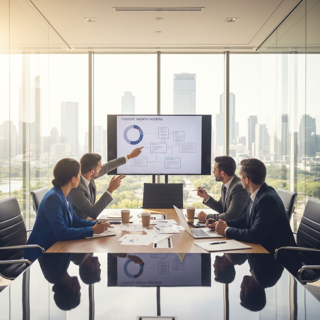 Business professionals in a bright modern office collaborating at a glass-walled conference room, warm neutral tones