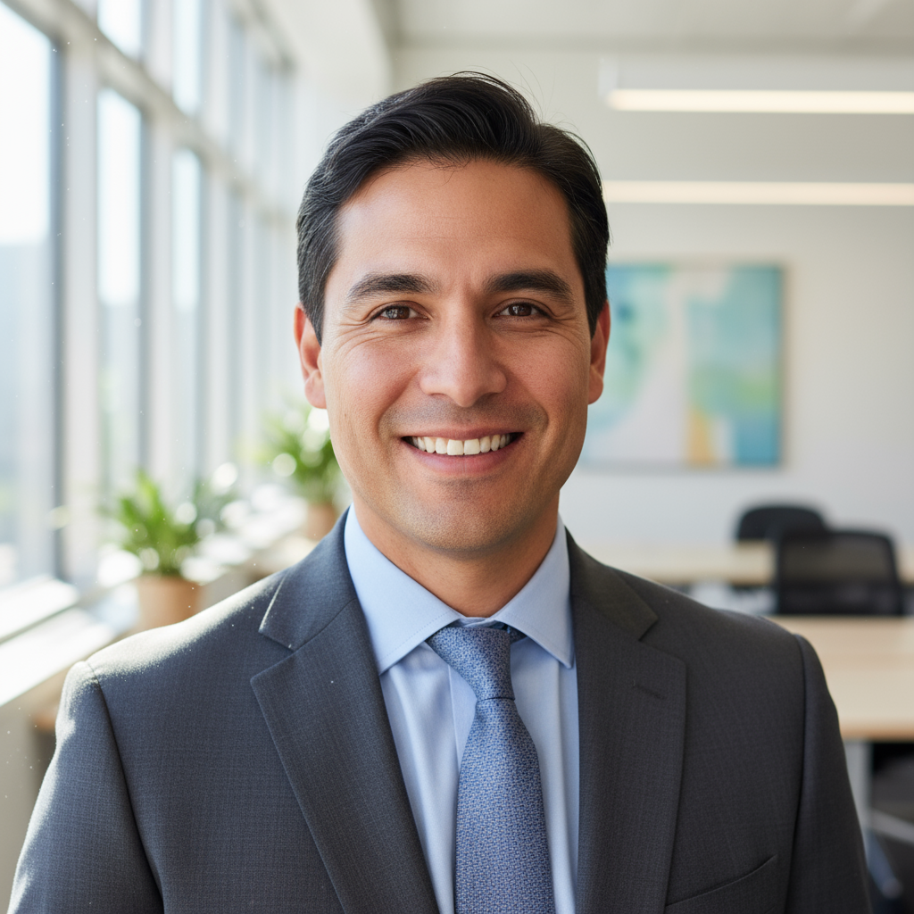 Hispanic man with warm confident expression, professional casual attire, clean bright environment