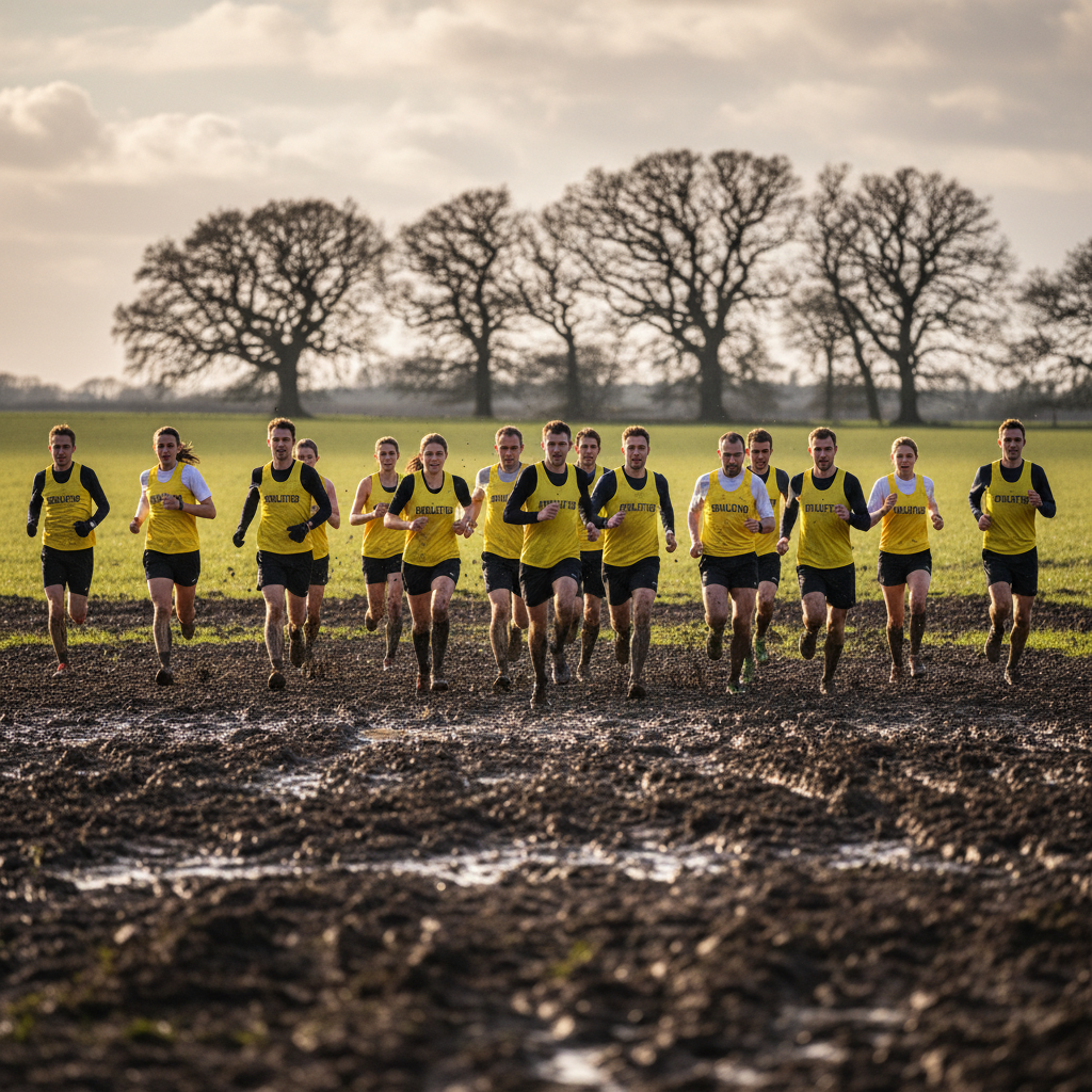Group of runners in yellow club vests crossing a muddy field in West Yorkshire