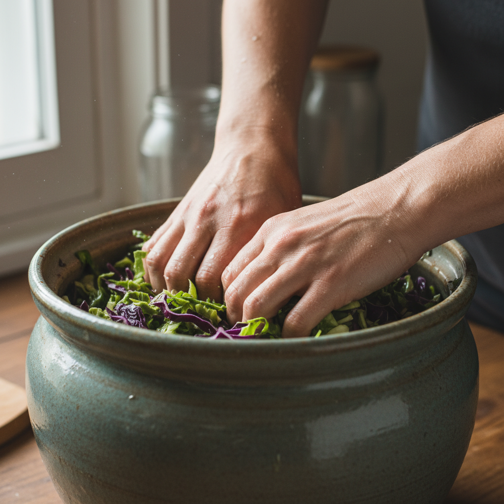 Fermentation workshop with various fermented foods in ceramic jars
