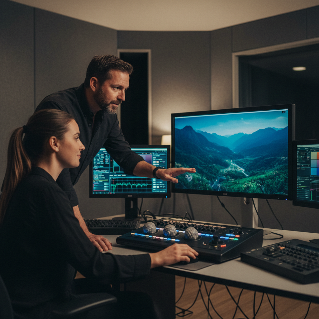Post-production color grading suite with multiple monitors showing cinematic footage in a dark studio