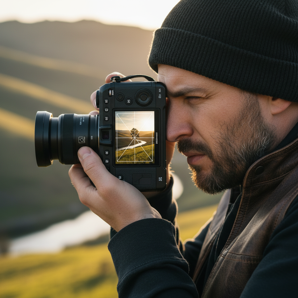 Camera viewfinder showing rule of thirds grid overlay on portrait subject