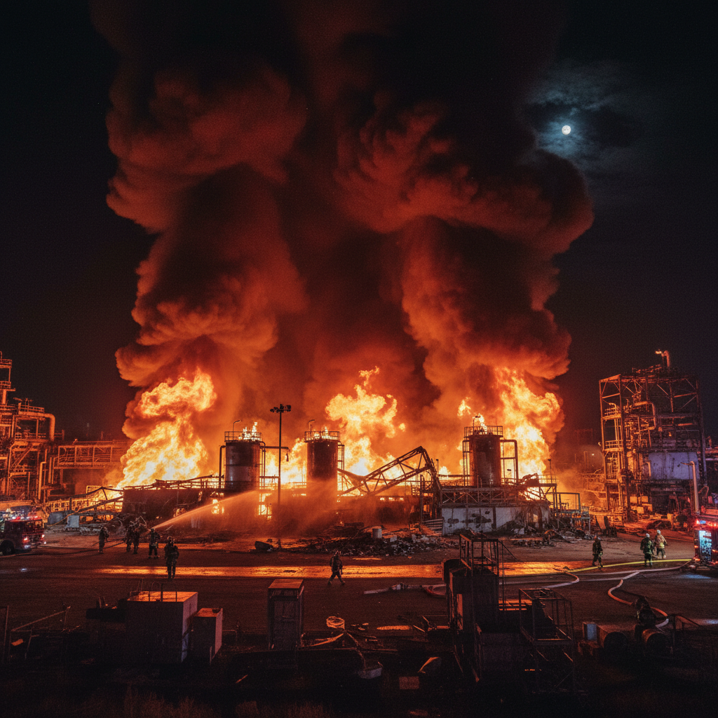 Industrial gas facility at night engulfed in large orange flames and black smoke, emergency lighting casting shadows, catastrophic infrastructure attack