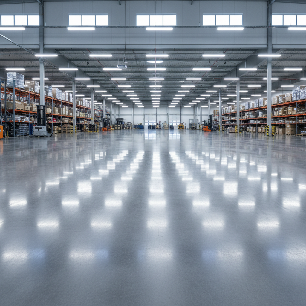 Wide shot of polished commercial warehouse concrete floor reflecting overhead industrial lighting with perfectly flat surface