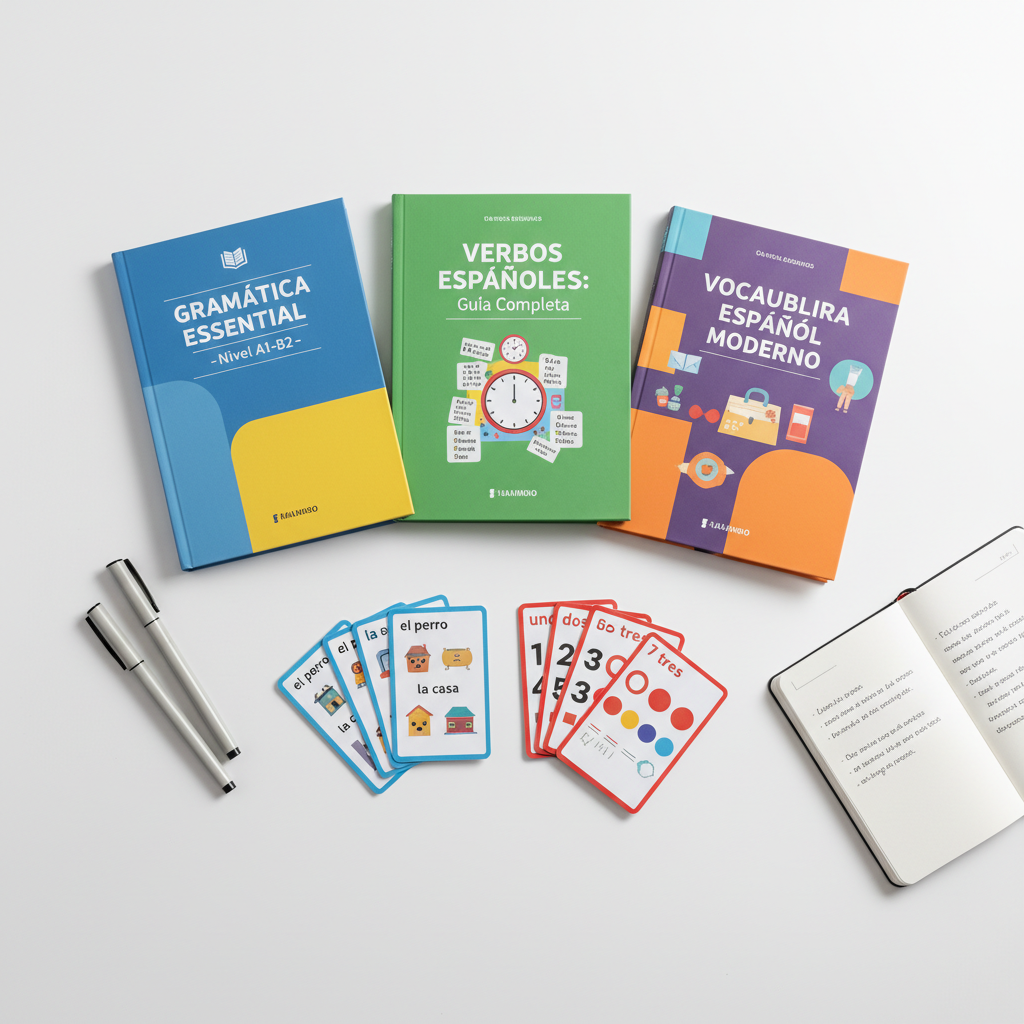 Spanish language learning materials with books and flashcards