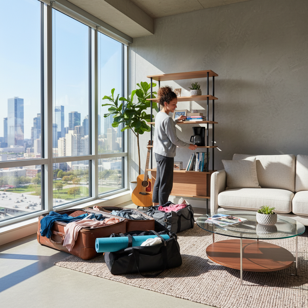 Travel nurse unpacking bags in new city apartment
