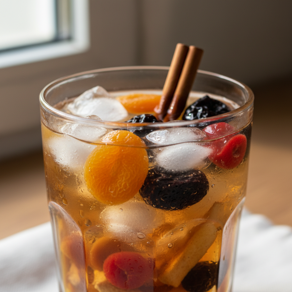 Chilled uzvar dried fruit kompot in a glass with ice and cinnamon stick