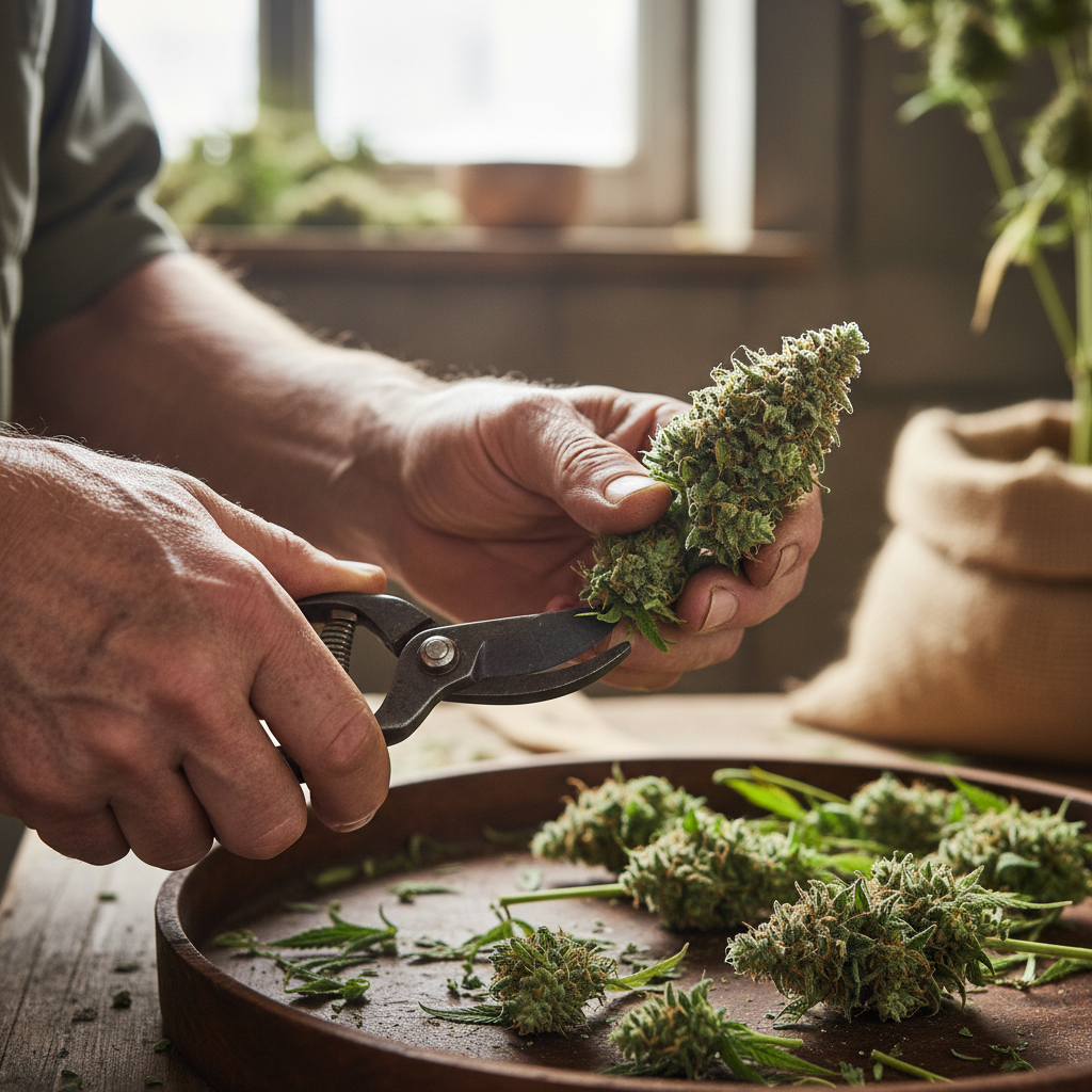 Close-up of weathered hands trimming hemp flower in an open field