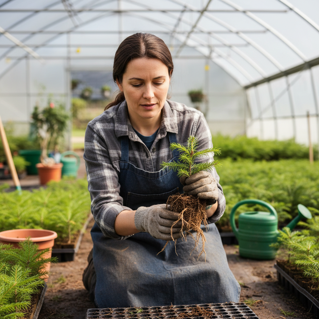 Nursery manager Ingrid Halvorsen kneeling in a greenhouse row, carefully inspecting the root system of a young Douglas fir seedling