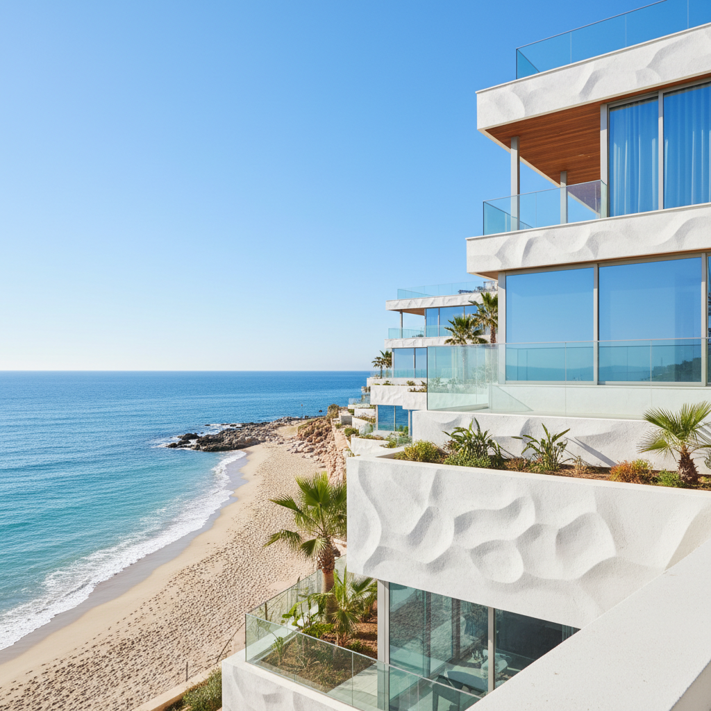 Modern coastal home with white exterior and large glass windows in bright daylight
