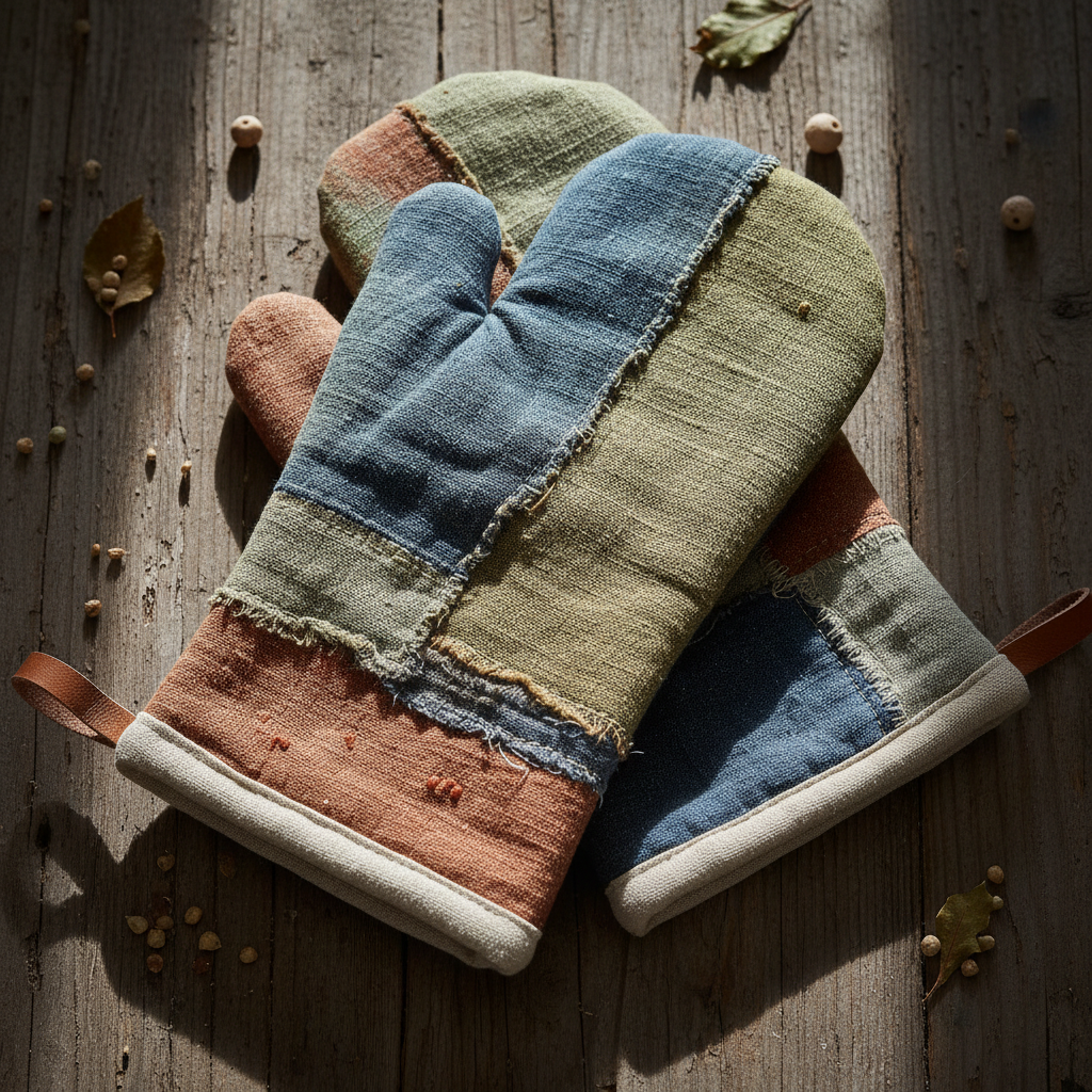 Handmade textured oven mitts with wabi-sabi aesthetic on rustic wood