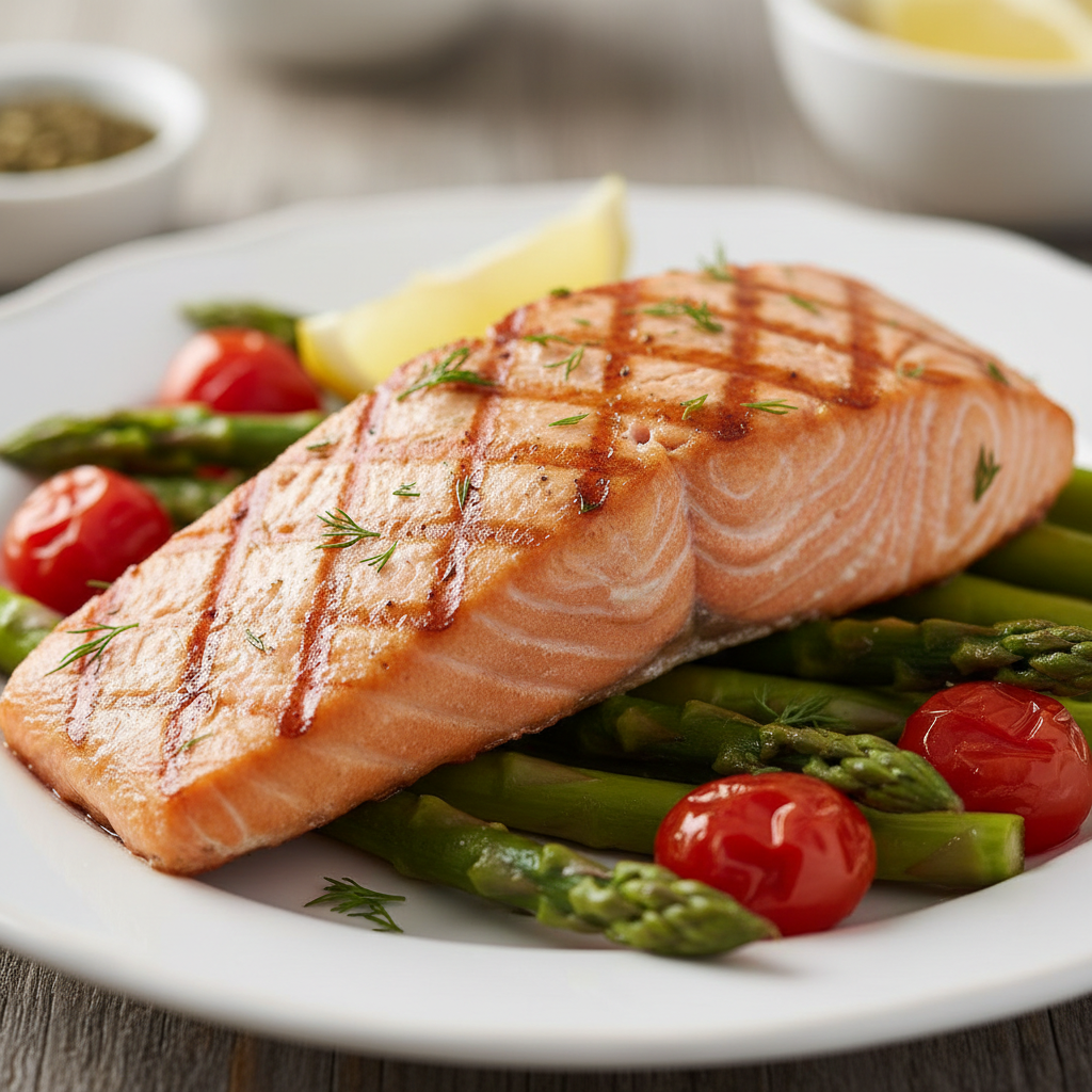 Grilled salmon fillet with lemon butter sauce and asparagus on a white plate
