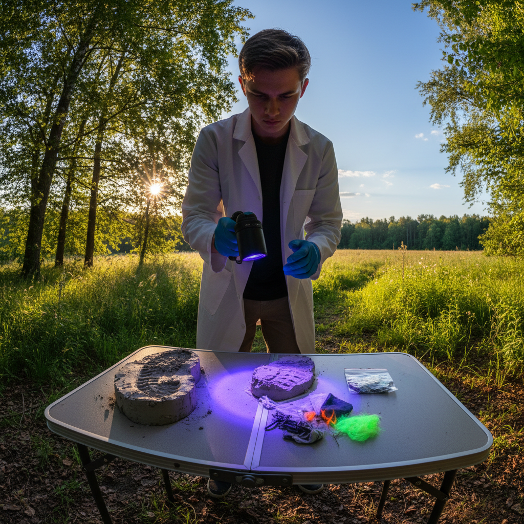 Teen conducting forensic science experiment outdoors, examining evidence with UV light