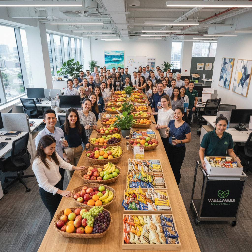 Corporate lunch spread with colorful food platters on a long conference table, colleagues serving themselves