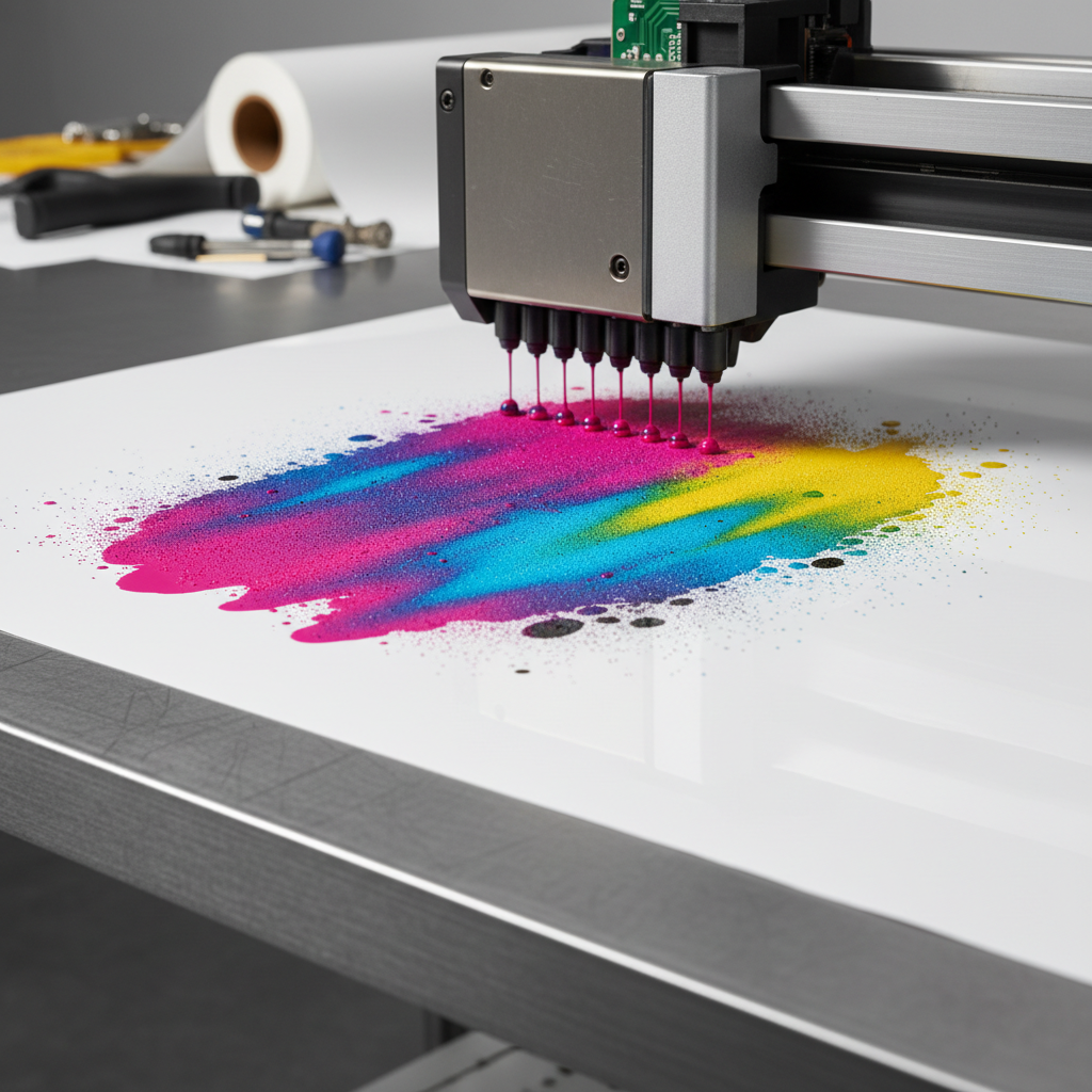 Close-up of a digital printing machine printing vibrant full-color graphics on a sheet, showing precision ink application