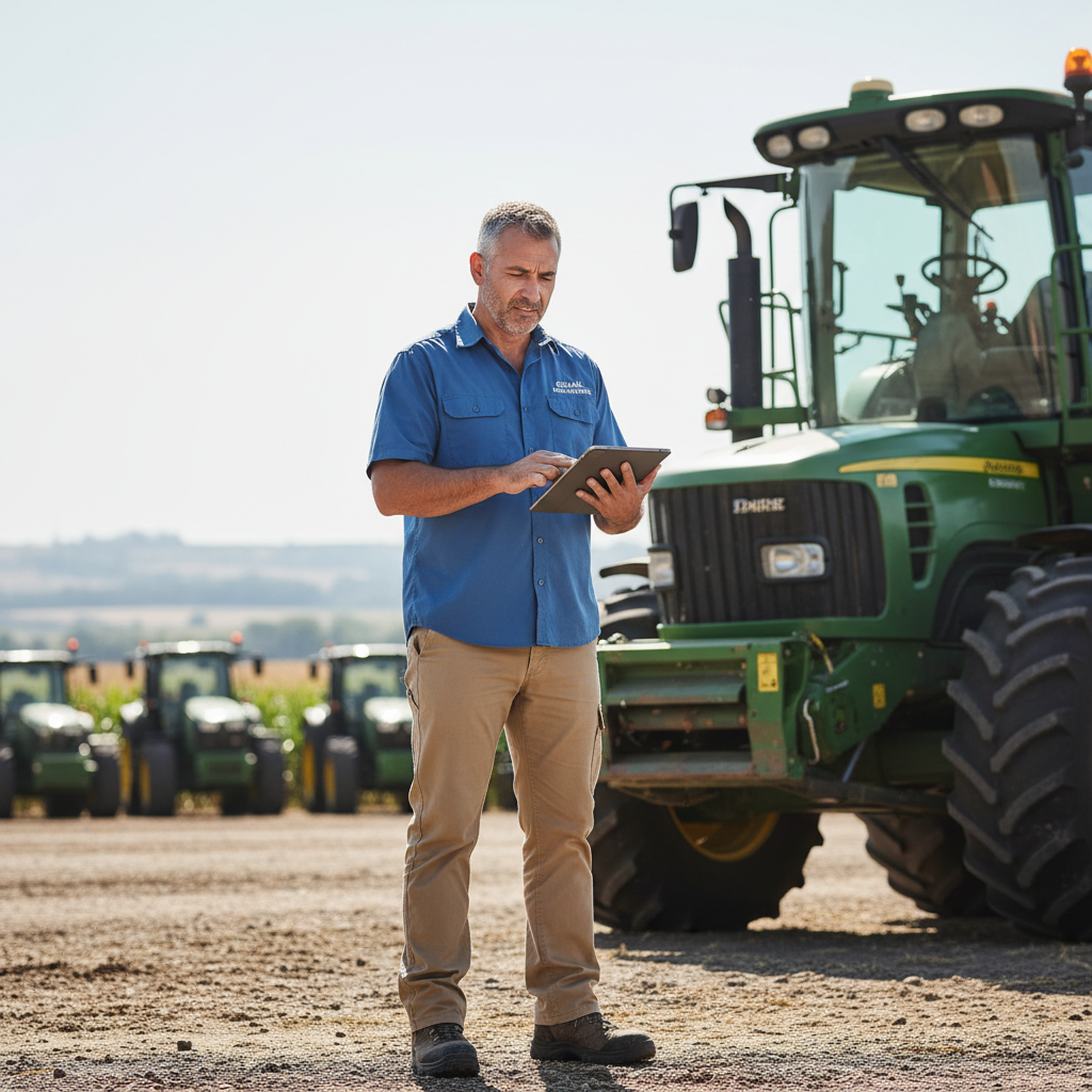 Professional fleet manager in mid-40s, outdoor daylight, agricultural setting