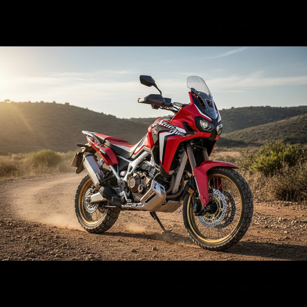 Honda Africa Twin 2025 on mountain road, new model launch, dramatic landscape photography