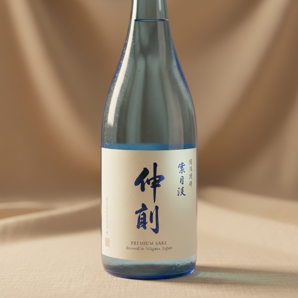 Tsuyu Junmai sake bottle with minimal label, photographed against warm linen background