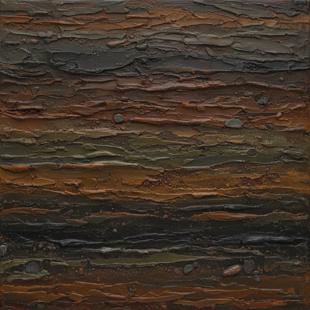 Dark earth-toned encaustic painting with layered horizontal bands suggesting sediment and geological strata