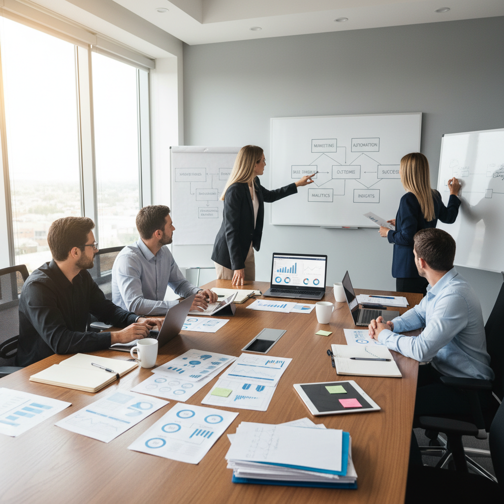 Modern office with whiteboards showing business diagrams and strategy maps, bright collaborative workspace
