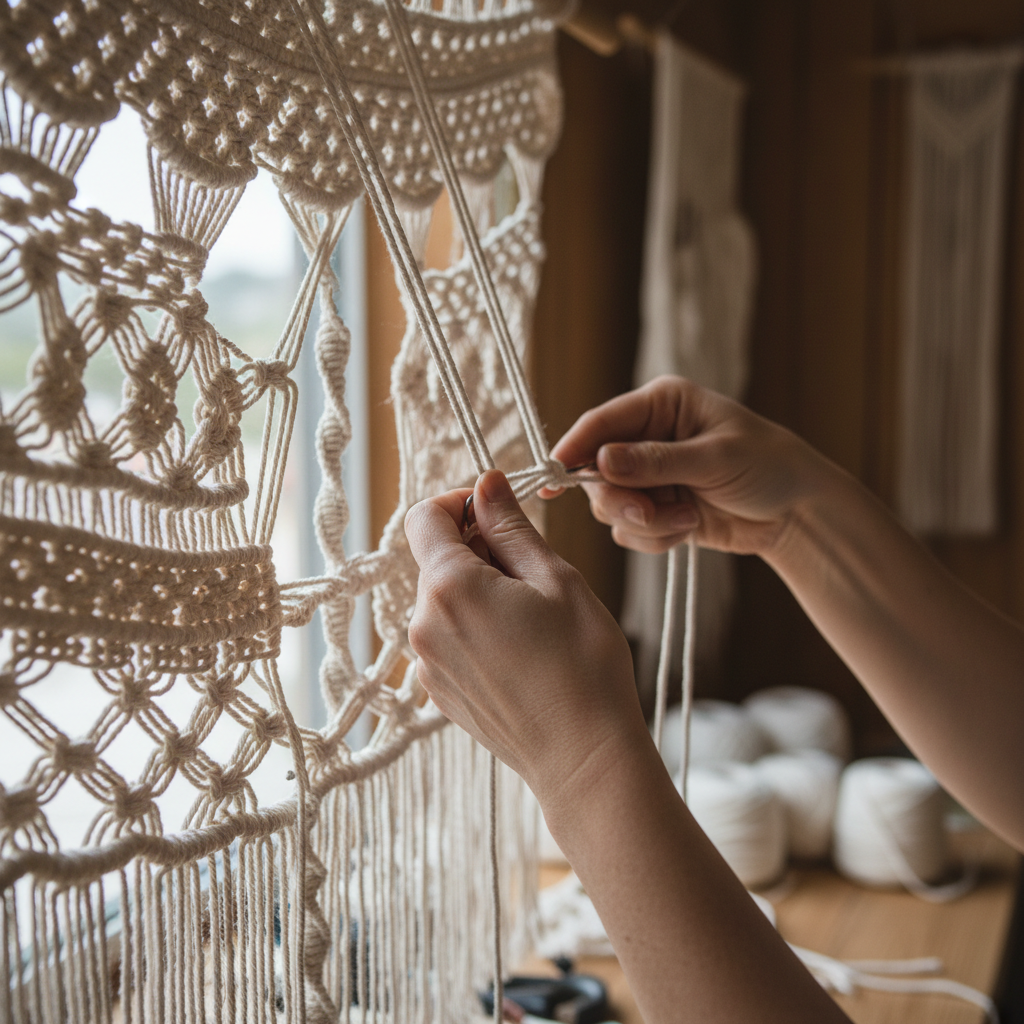 Fiber artist hands working on a large wall hanging with natural cotton cord against white wall