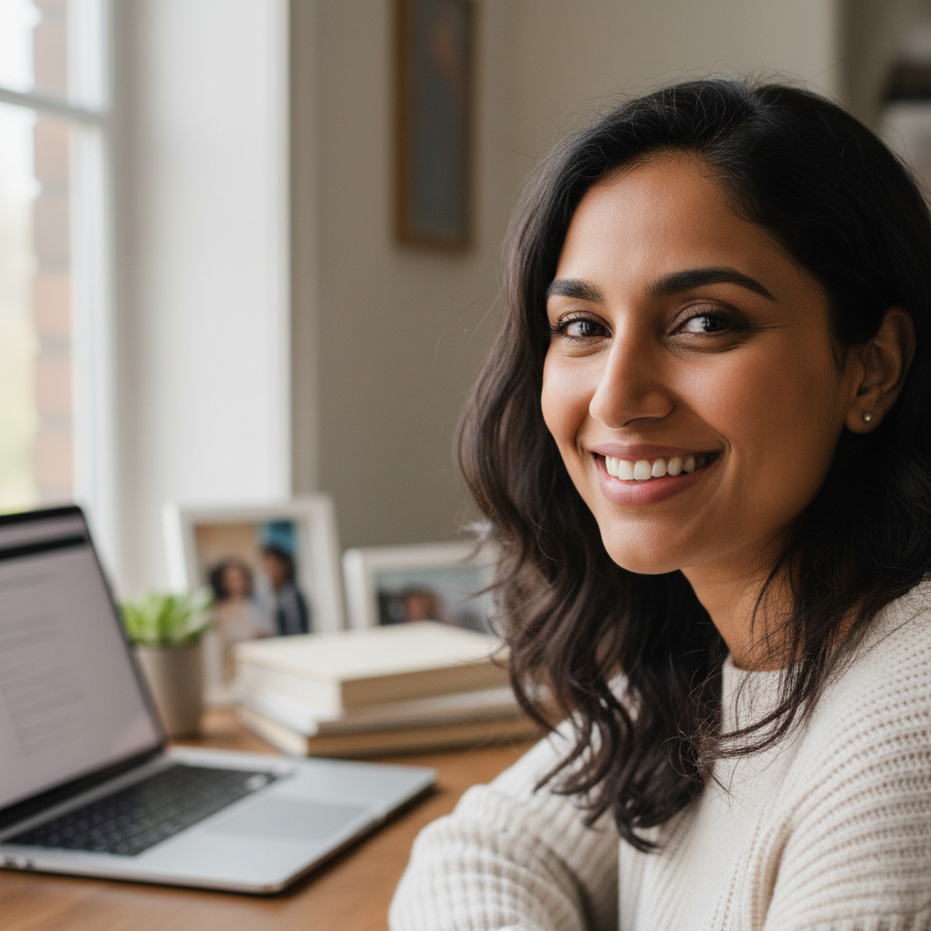 South Asian woman smiling, bright natural lighting, warm indoor environment