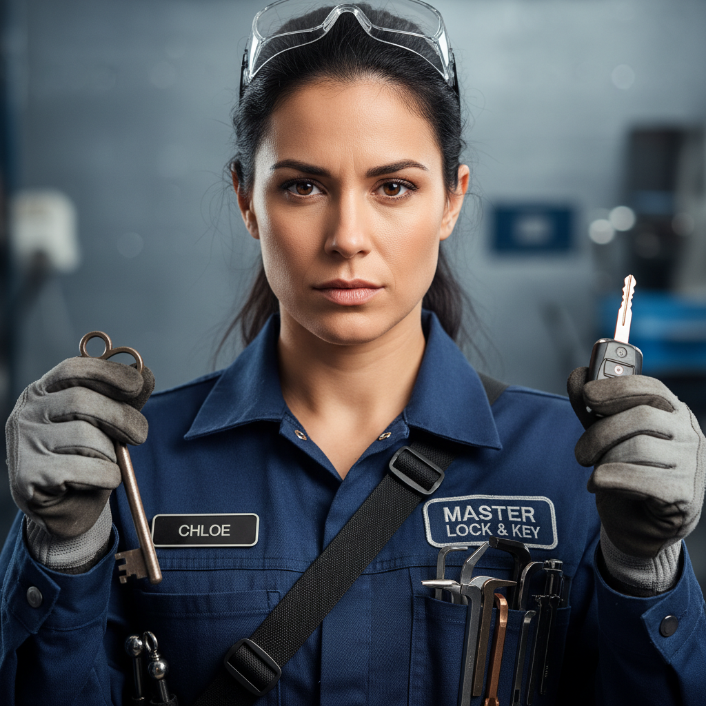Priya Nair, female locksmith technician, professional attire, direct gaze