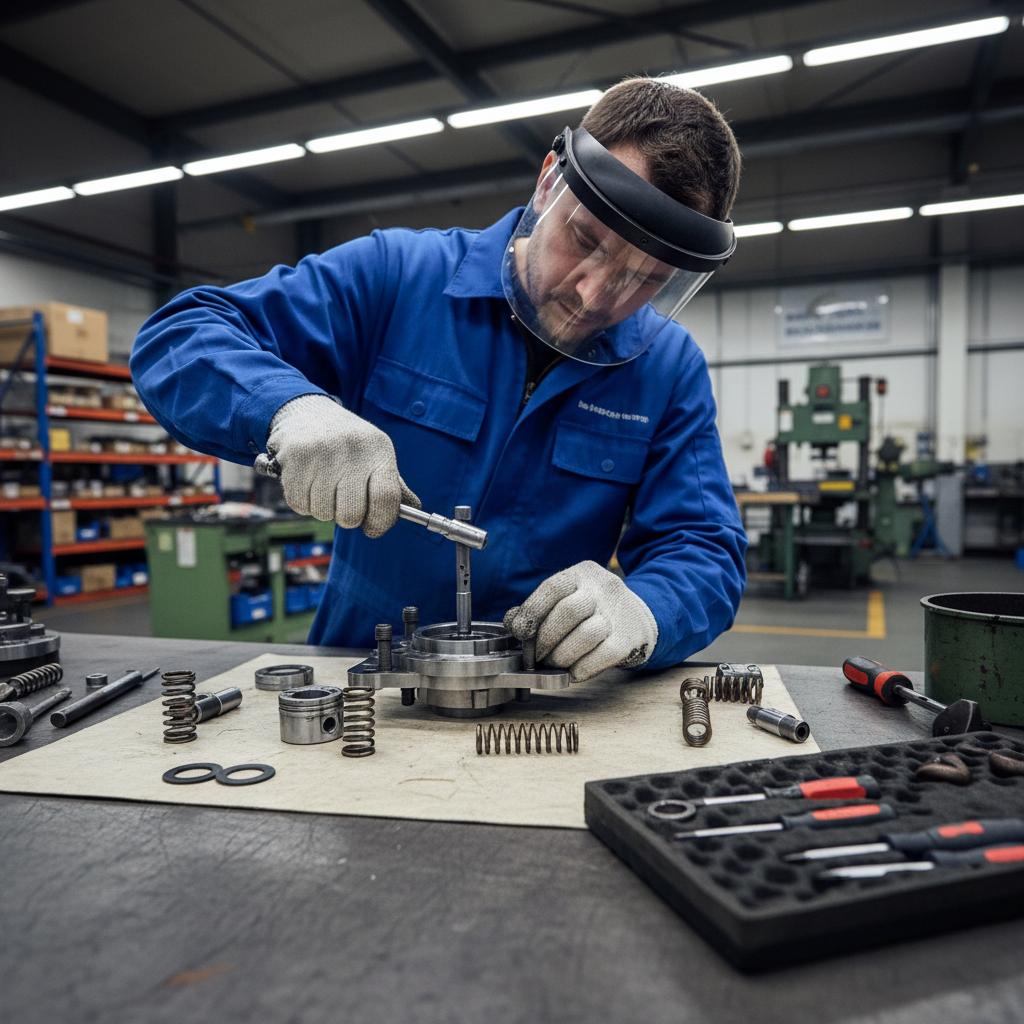 Mechanic reassembling hydraulic pump components with precision tools in repair shop