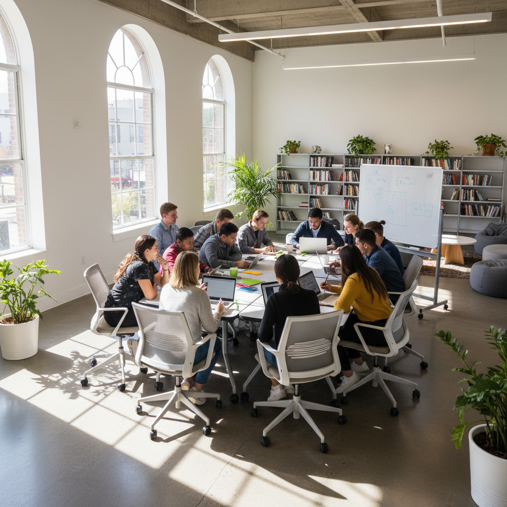 Students collaborating on HelixCAS accounting exercises in a bright modern classroom