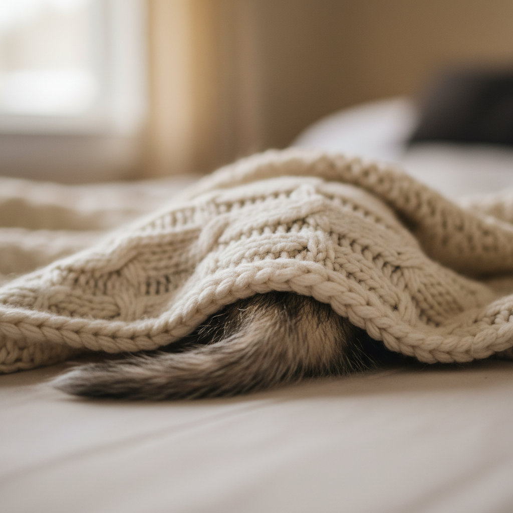 Silver mitt ferret burrowing nose-first into a cream knit blanket, only tail visible