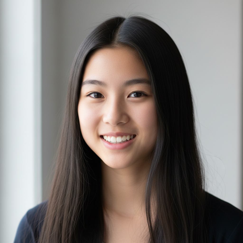 Young Asian girl with black hair in ponytail wearing blue shirt smiling confidently