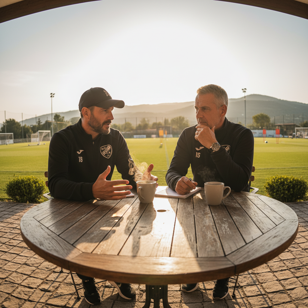 Two coaches in deep conversation at a round table, warm afternoon light