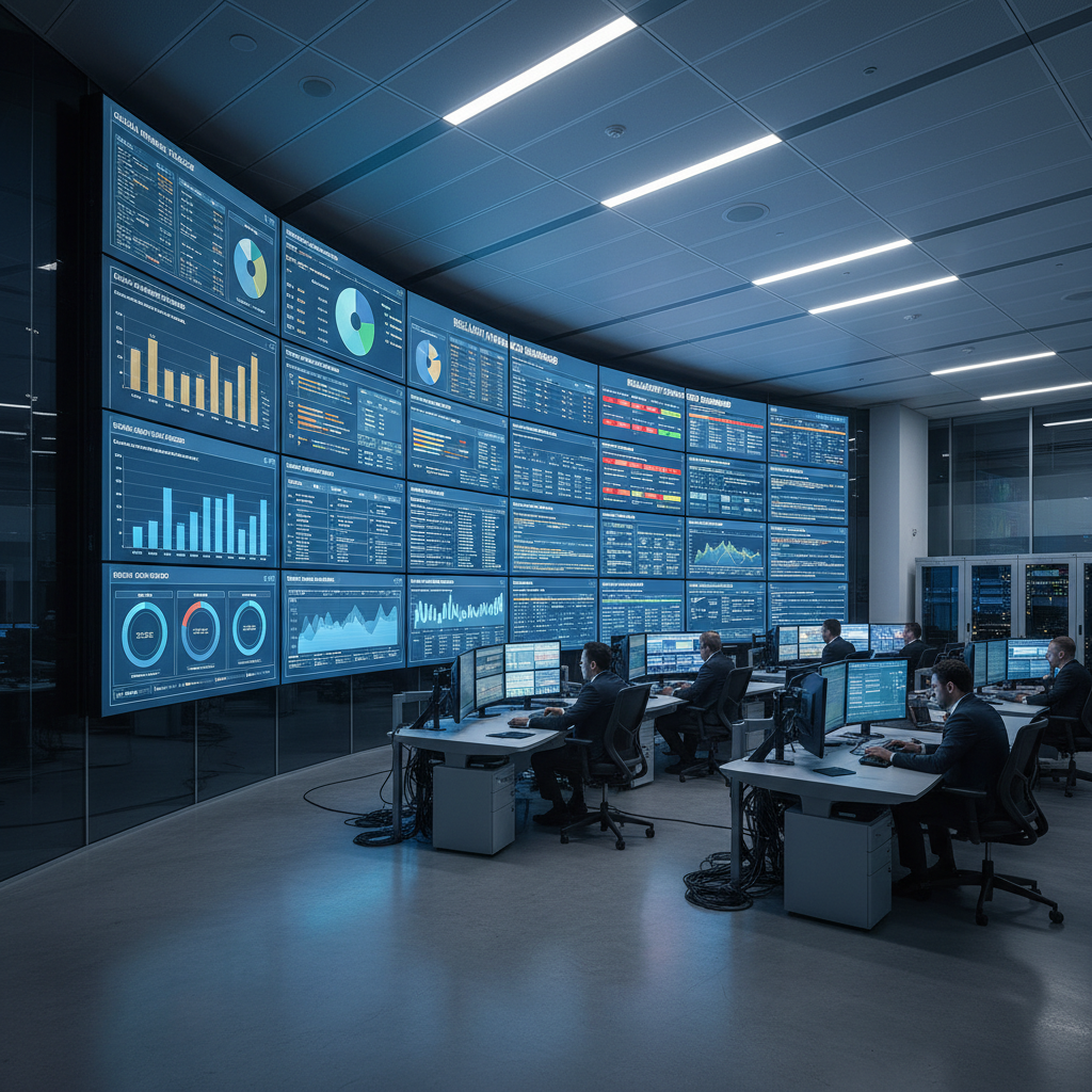 Dark telecommunications network operations centre with multiple screens showing network topology maps and glowing blue status indicators
