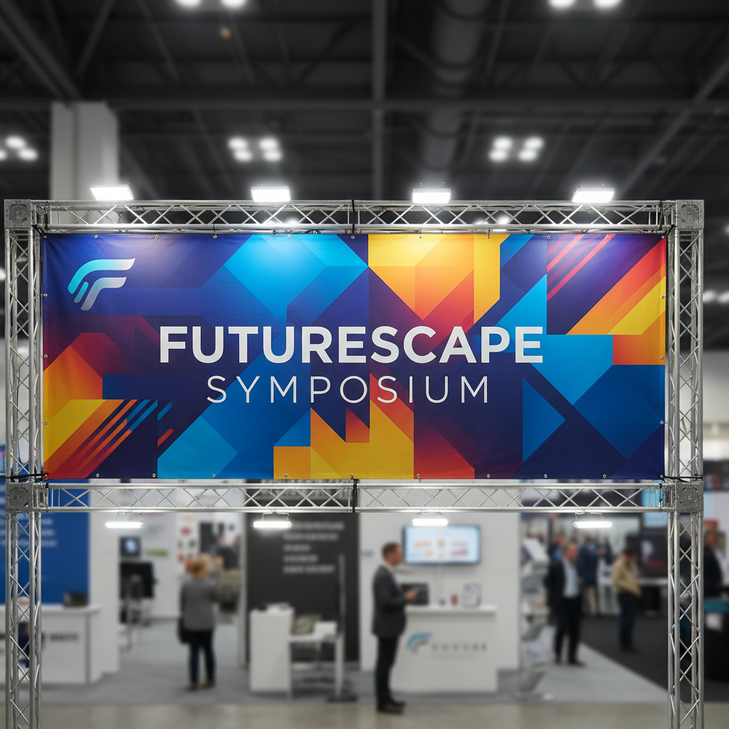 Modern trade show booth with vibrant large format printed graphics and banners in bright exhibition hall, professional event display